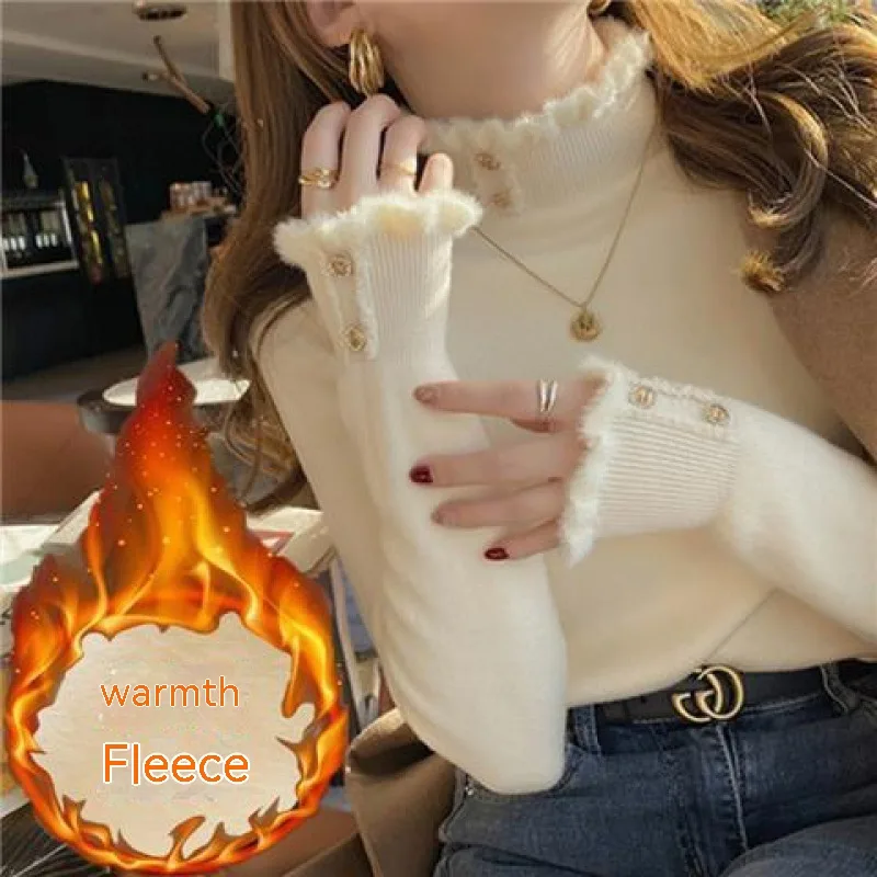 Fashionable Design Single layer Fleece lined Thermal Bottoming Shirt Inner Wear Autumn And Winter Half high Collar Top Apricot - Shop at LoveMi