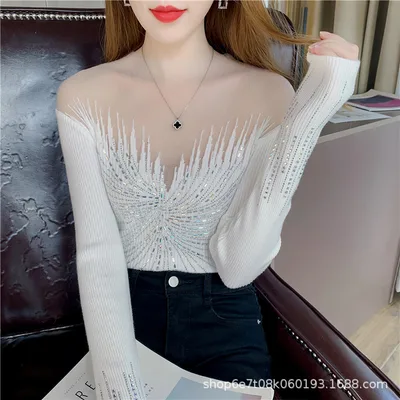 Knitwear Women's Korean style Diamond embedded Fashion Lace Bottoming White - Shop at LoveMi