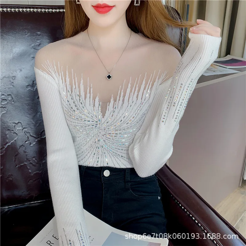 Knitwear Women's Korean-style Diamond-embedded Fashion Lace Bottoming - White