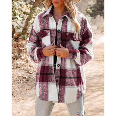 Cashmere Long Sleeve Plaid Top Loose Casual Women Wine - Shop at LoveMi
