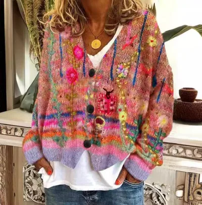 Christmas Abstract Printing Casual Cardigan Sweater Color1 - Shop at LoveMi