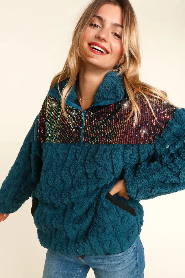 Stitching Double Pocket Top Turtleneck Sweater Ocean Blue - Shop at LoveMi