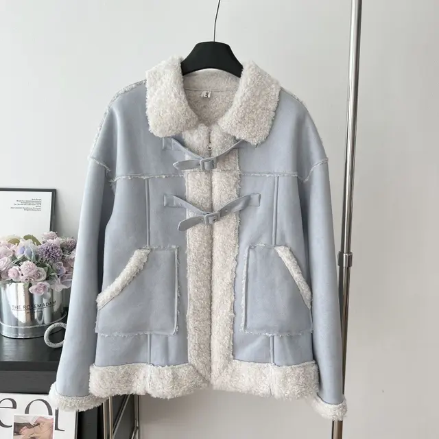 Stitching Plush Fashion Loose Temperament Full match Warm Jacket Blue Short Style - Shop at LoveMi