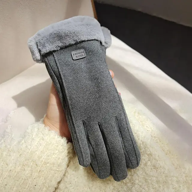 Fleece Lined Padded Warm Keeping Cute Suede Riding Gloves Small Icon Gray - Shop at LoveMi