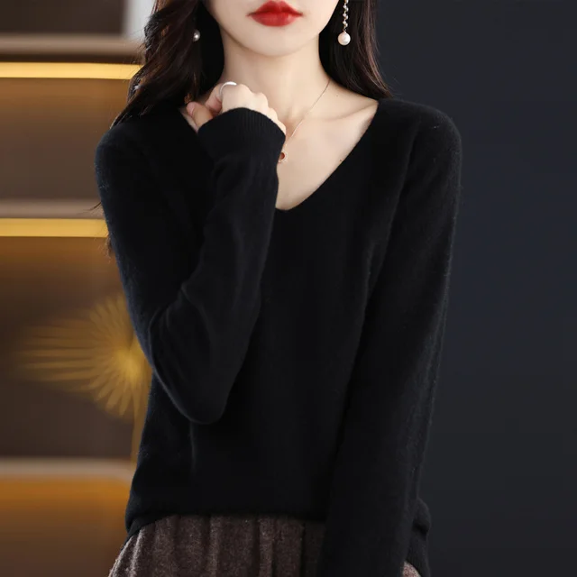Women's Knitted New V neck Pullover Sweater Wool Base Shirt Classic Black - Shop at LoveMi