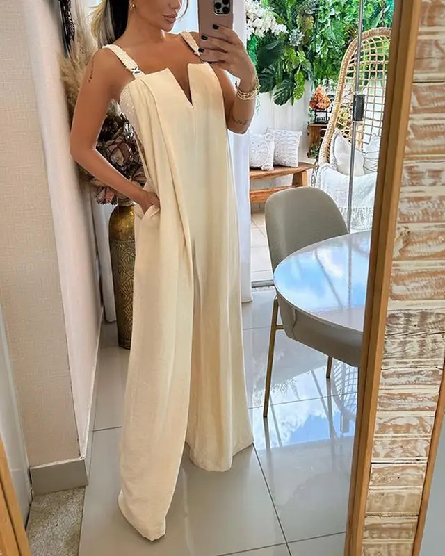 Spring And Summer New Fashion Solid Color Wide Leg Jumpsuit Women Apricot - Shop at LoveMi