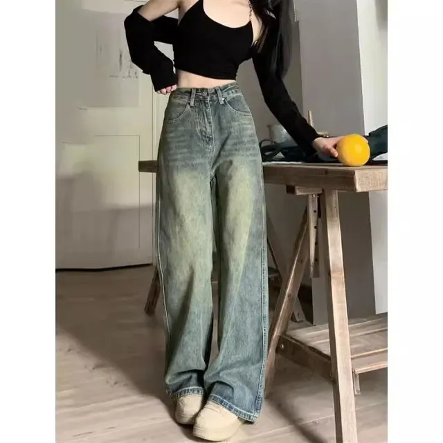 Retro Denim Women's Worn Looking Washed out Straight Loose Figure Flattering Wide Leg Pants Vintage Blue - Shop at LoveMi