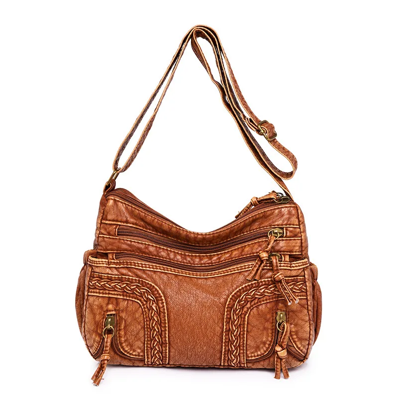 Women's Retro Fashionable Washed Leather Woven Shoulder Messenger Bag Brown - Shop at LoveMi