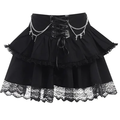 Halloween Party Style Slim Chain Cross Double Layer Gothic Skirt Women Black - Shop at LoveMi