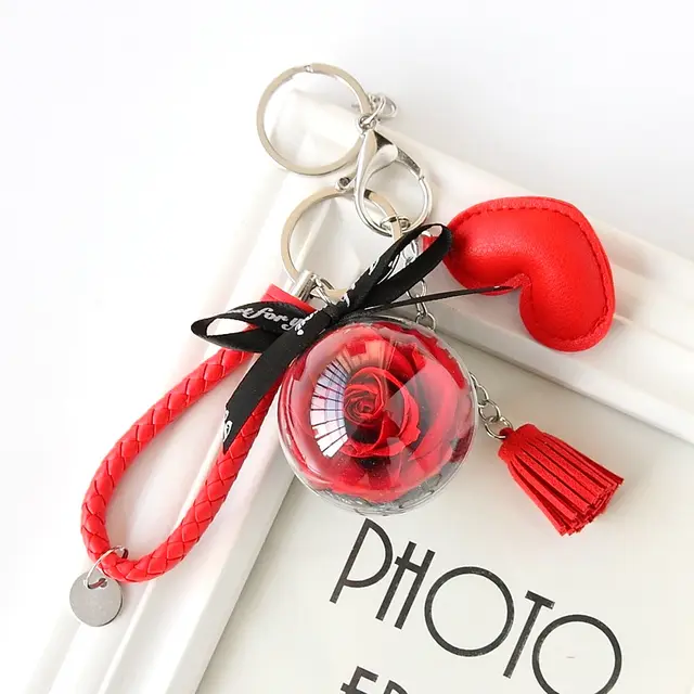 Woven Leather String Love Tassel Flower Keychain Red - Shop at LoveMi