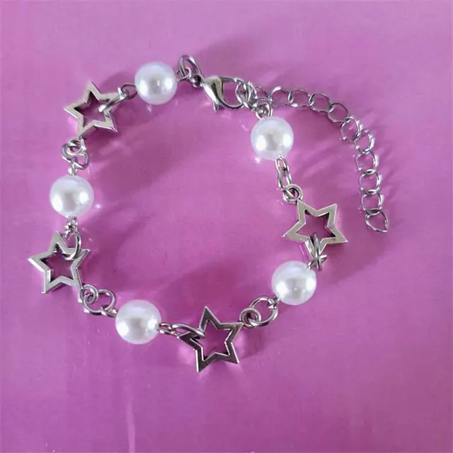 Punk Hollow Five pointed Star Bracelet Pearl Bracelet White - Shop at LoveMi