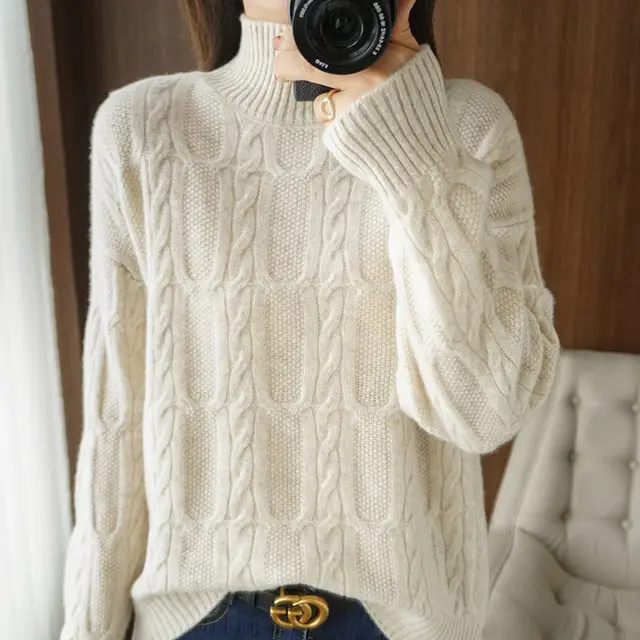 Women's Autumn And Winter Pullover High Collar Woolen Sweater Beige Apricot - Shop at LoveMi