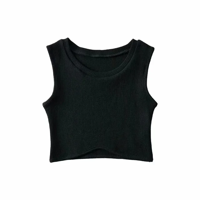 Slim fit Sleeveless Waffle High Waist Short Solid Color Vest Black - Shop at LoveMi