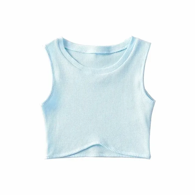Slim fit Sleeveless Waffle High Waist Short Solid Color Vest Blue - Shop at LoveMi