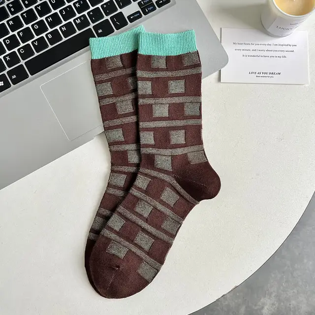 Dopamine Retro Mid calf Length Double Needle Sweet Cool Street Ladies Loose Socks Green Reverse Woven Plaid - Shop at LoveMi