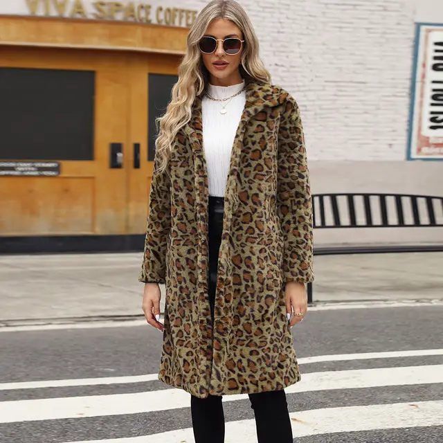 Women's Leopard Print Imitation Fur Plush Lapel Coat Green Leopard - Shop at LoveMi