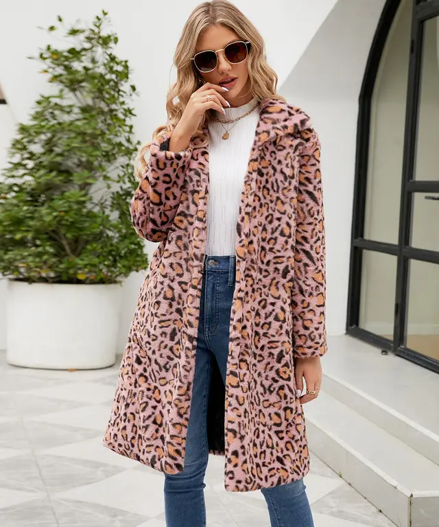 Women's Leopard Print Imitation Fur Plush Lapel Coat Pink Leopard Print - Shop at LoveMi