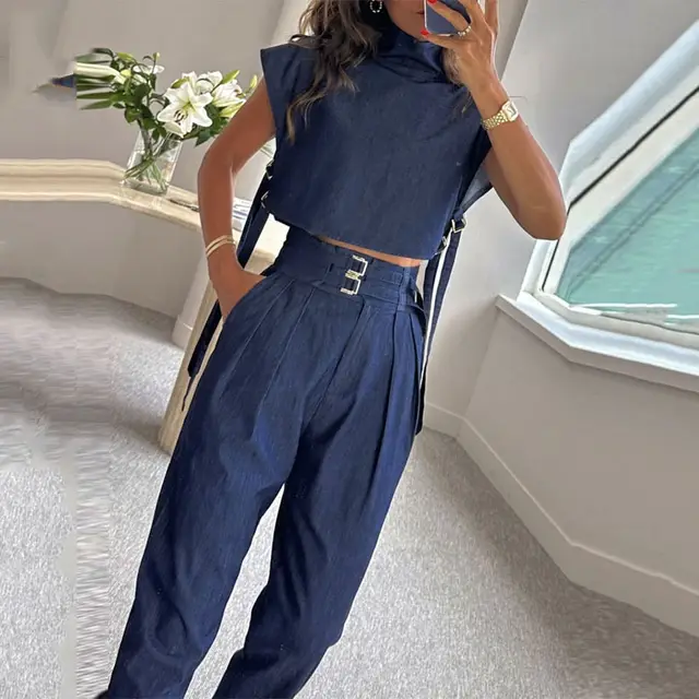 Casual Belt Decorative Turtleneck Short Sleeve And Long Pattern Suit Blue - Shop at LoveMi