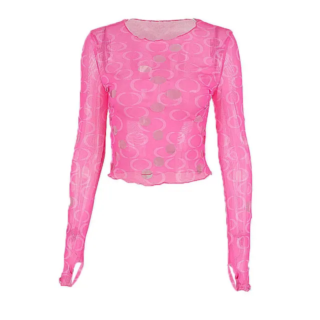 Printed Polka Dot Hollow Out See through Cropped Long Sleeves Pink - Shop at LoveMi