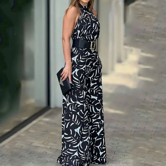 Summer Graceful And Fashionable Half Turtleneck Sleeveless Printed Hollow out Cinched Wide Leg Jumpsuit Black - Shop at LoveMi
