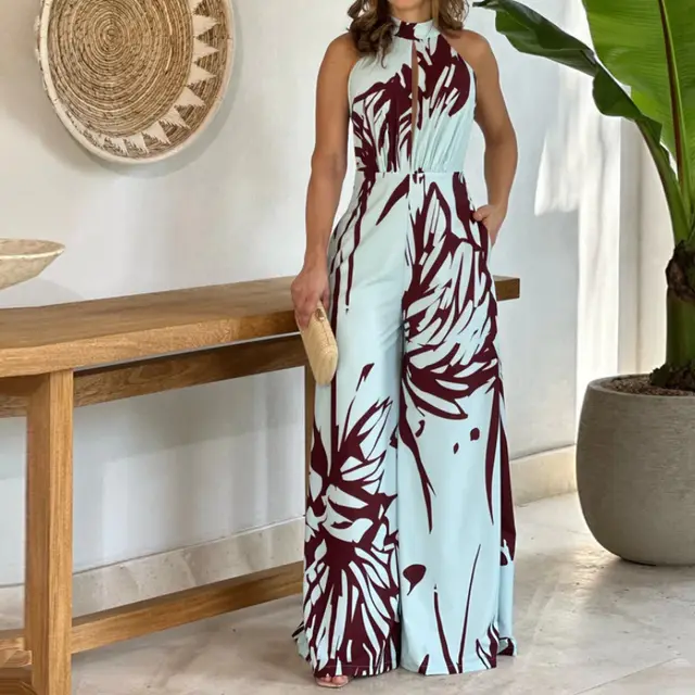 Summer Graceful And Fashionable Half Turtleneck Sleeveless Printed Hollow out Cinched Wide Leg Jumpsuit Blue - Shop at LoveMi