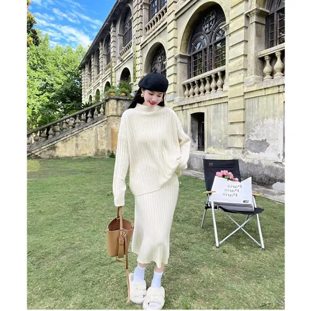 Autumn And Winter New Half Turtleneck Sunken Stripe Loose fitting Women's Sweater Dress Milky White - Shop at LoveMi