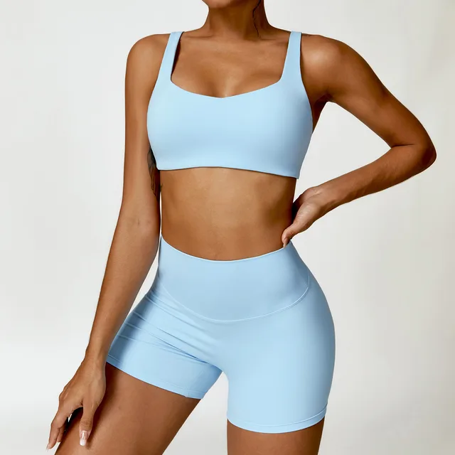 Winter Nude Feel Tight Yoga Suit High waist Quick drying Running Sports Workout Clothes Bra Shorts Sky Blue - Shop at LoveMi