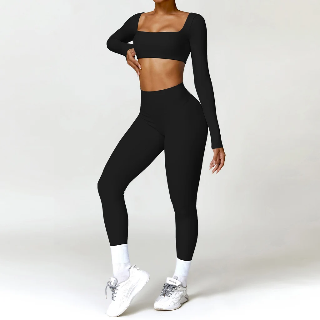 Winter Nude Feel Tight Yoga Suit High-waist Quick-drying Running Sports Workout Clothes - Long Black