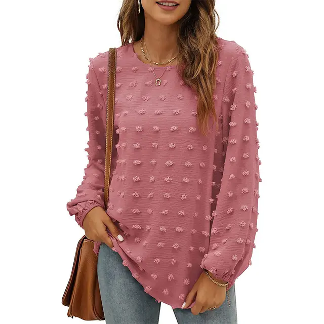 Loose Jacquard Long Sleeve Crew Neck T shirt Top Pink - Shop at LoveMi