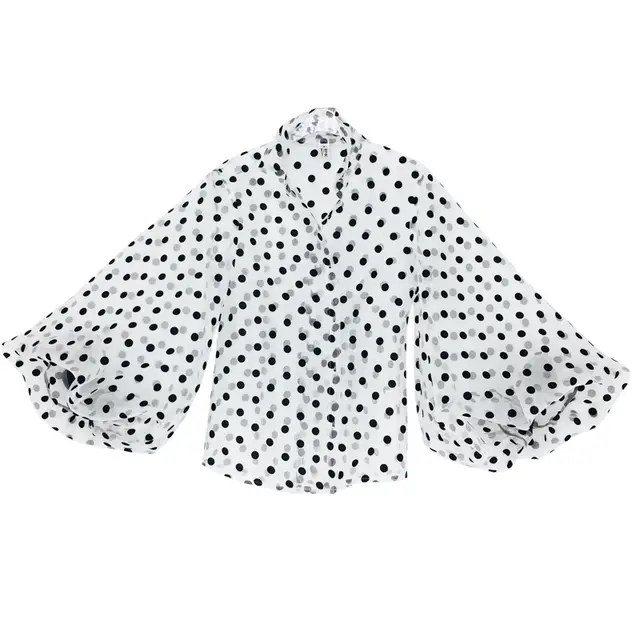 Female Organza Large Lantern Sleeve Polka Dot Perspective Shirt White - Shop at LoveMi