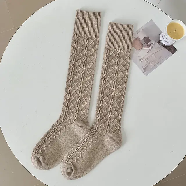Autumn And Winter Thick Warm Hemp Pattern Solid Color Knee length Cashmere Socks Light Coffee - Shop at LoveMi