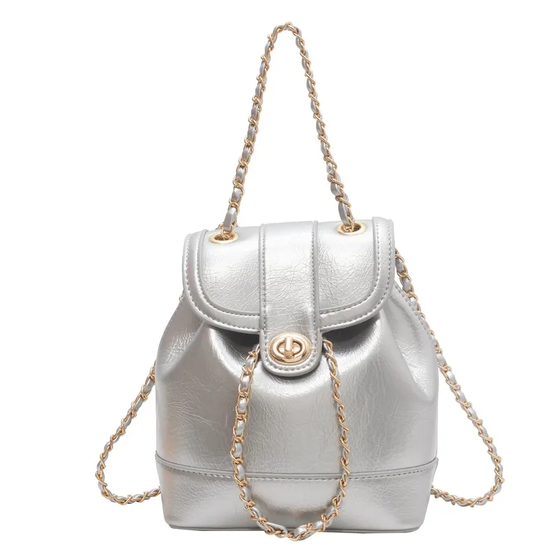 Women's Chain Backpack One Shoulder Retro Oily Bucket Bag - Silver