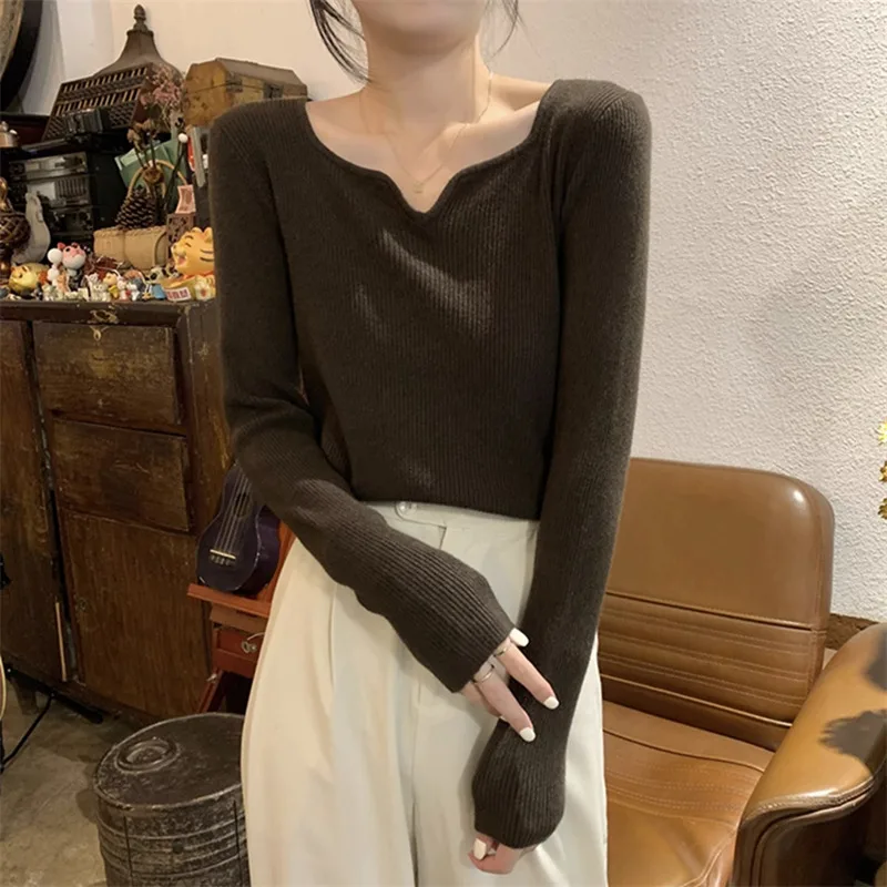 Women's Knitted Bottoming Shirt Top Brown - Shop at LoveMi