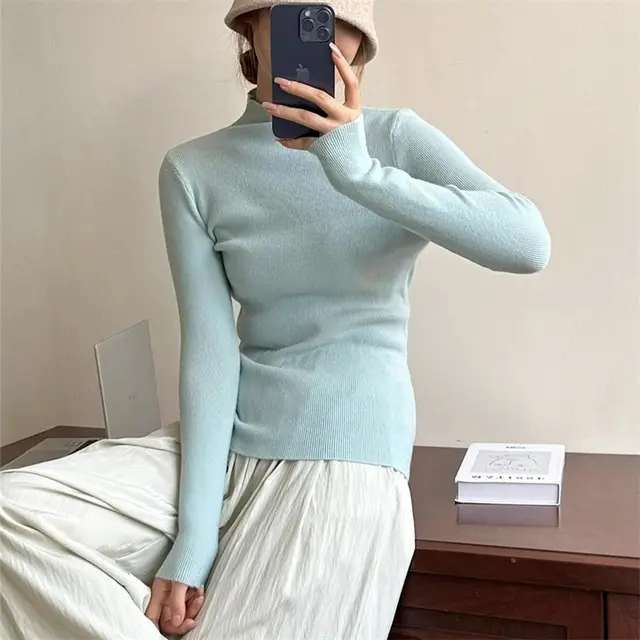 Women's Half High Necked Knitted Bottom Sweater Light Blue - Shop at LoveMi