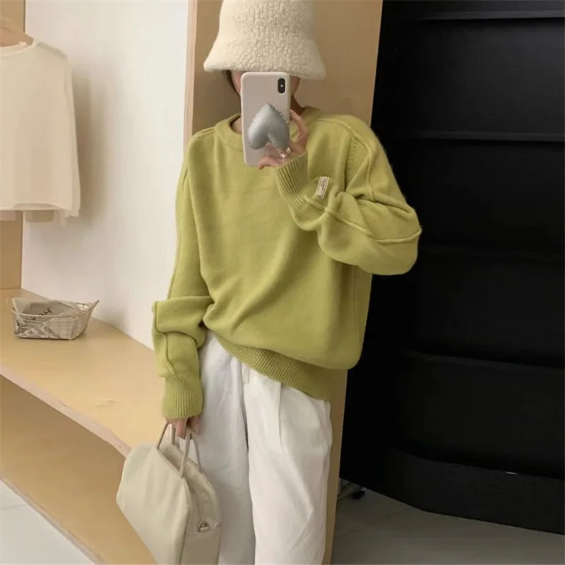 Women's Solid Color Round Neck Knitted Bottoming Shirt Yellow Green - Shop at LoveMi