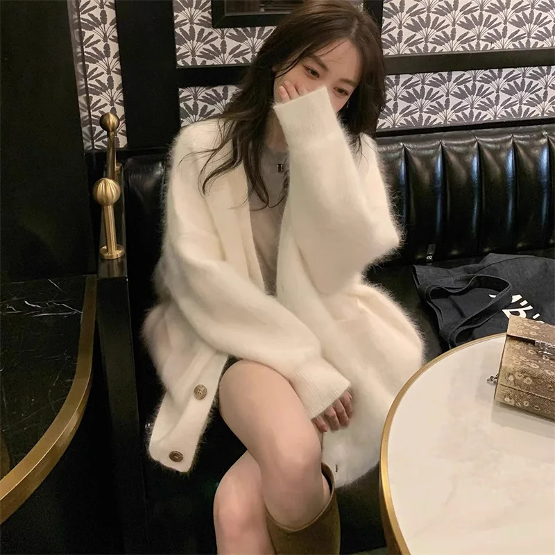 Women's Soft And Lazy V neck Knitted Jacket White - Shop at LoveMi