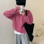 Korean Style Women's Long Sleeve Sweater Coat - Rose Red