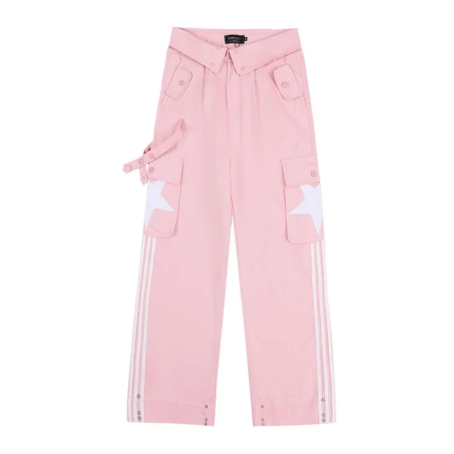 Women's Flanging Overalls Striped All matching Straight Loose Trousers Pink - Shop at LoveMi