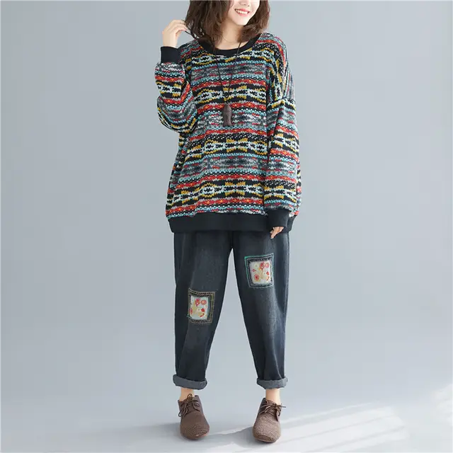 Women's Loose Plush Artistic Warm Striped Round Neck Pullover Knitted Sweater Navy Blue - Shop at LoveMi