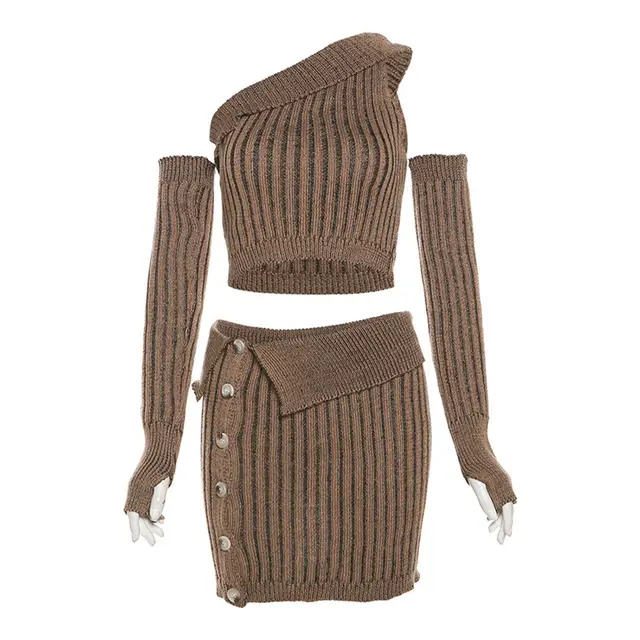 Diagonal Collar Sexy Bare Midriff High Waist Sheath Slim Fit Skirt Suit Brown - Shop at LoveMi
