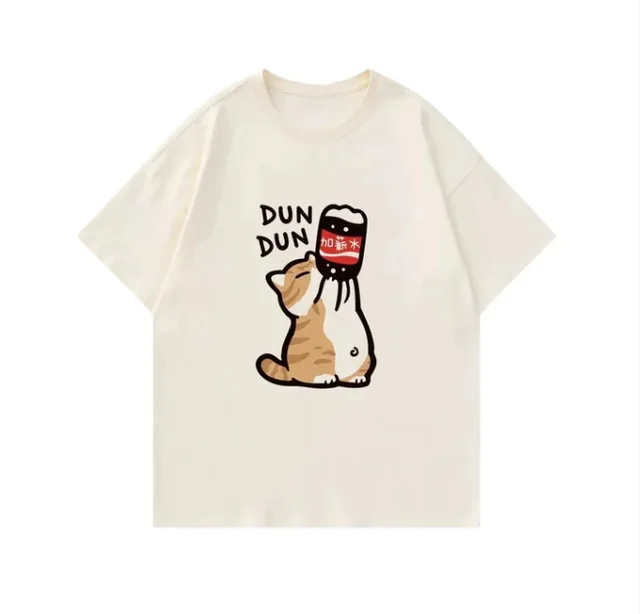 European And American Cartoon Printed Casual Round Neck T shirt Apricot - Shop at LoveMi