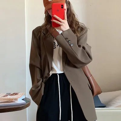 Women's Brown Suit Jacket Spring And Autumn Korean Style Sense Of Design Student Online Red Suit Jacket Coffee Color - Shop at LoveMi