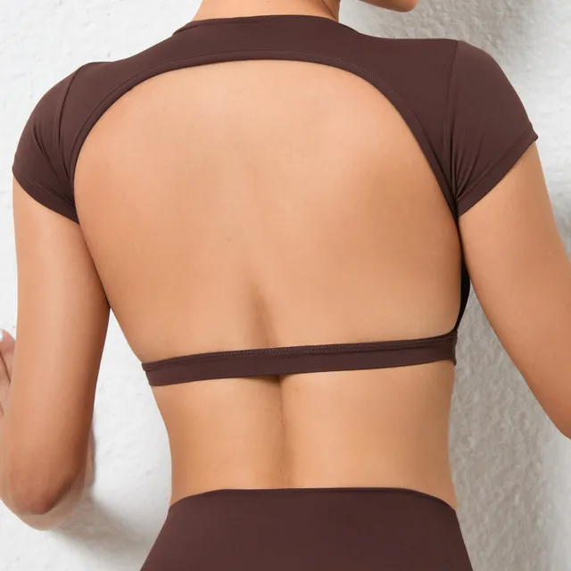 No Chest Pad Nude Feel Yoga Clothes Tight Quick drying Sports Yoga Jacket Brown - Shop at LoveMi