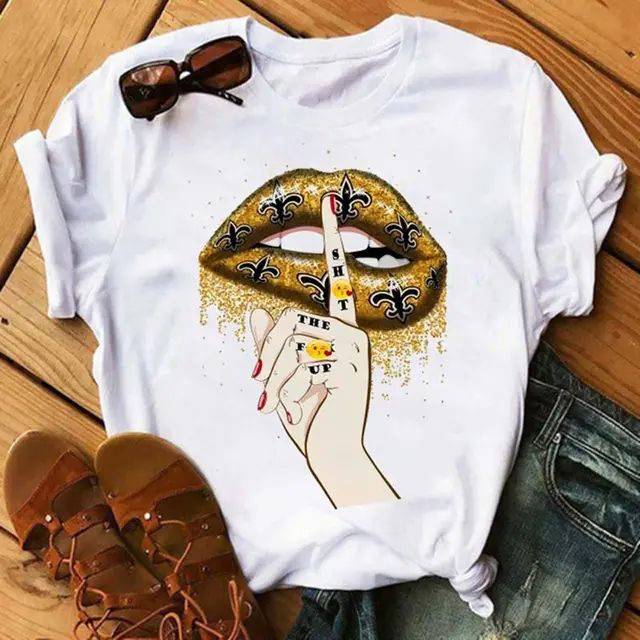 Women's Lip Colorful White With Printed Pattern Short Sleeve Gold Lips - Shop at LoveMi
