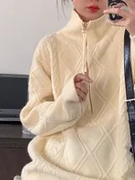 Mock Neck Zipper Fried Dough Twists Pullover Sweater - Apricot