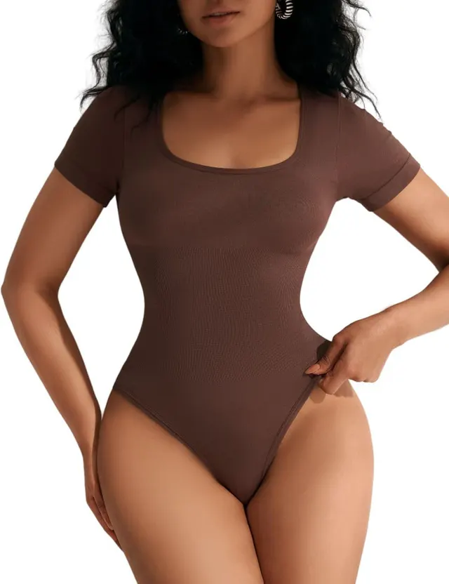 European And American Square neck Cinched Corset Close fitting Seamless Short Sleeve T back Brown - Shop at LoveMi