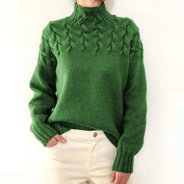 Fashion Cable Braided Detail Turtleneck Long Sleeve Sweater Women Green - Shop at LoveMi
