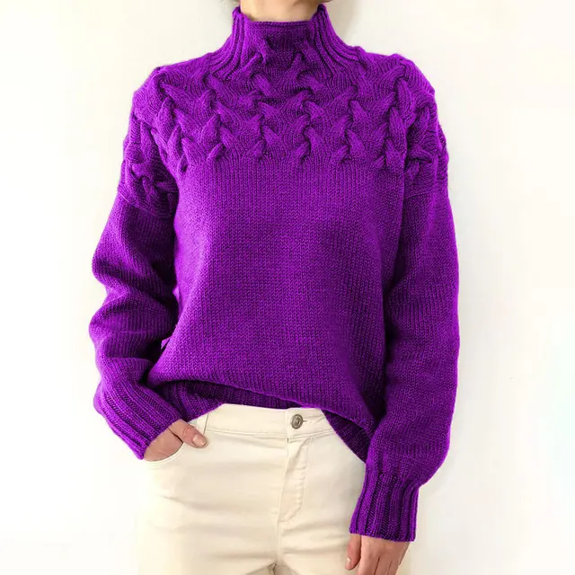 Fashion Cable Braided Detail Turtleneck Long Sleeve Sweater Women Purple - Shop at LoveMi