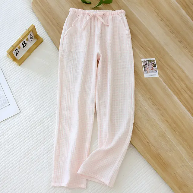 Women's Fashion Casual Loose Cotton Double layer Gauze Home Pants Pink - Shop at LoveMi