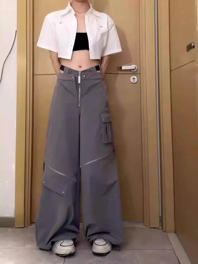 Women's Autumn Retro Multi zipper Pocket Two way Design Drawstring Casual Pants Gray - Shop at LoveMi